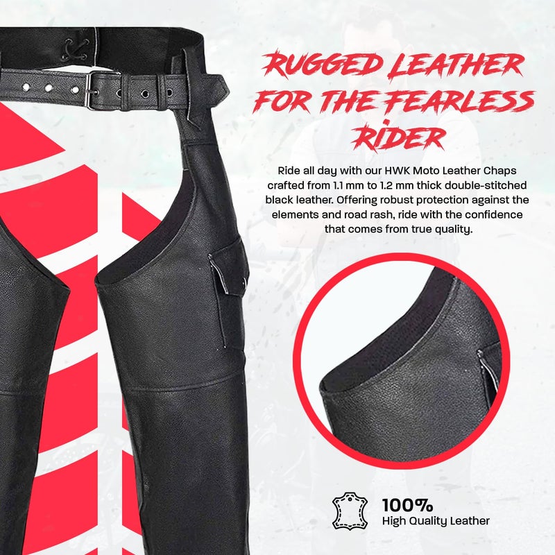 HWK Motorcycle Leather Chaps for Men and Women, Black Motorcycle Chaps for Road Rash Protection and All-Weather Comfort, Stylish and Strong Moto Pants for Enduro Motorsport Motorbike Riding, Waist 42 - Image 2